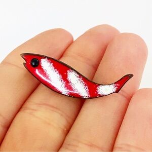 Vintage MCM enamel on copper red and white stripe fish pin brooch